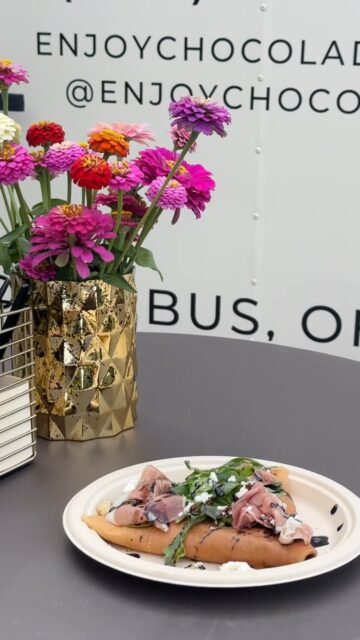 Let me introduce you to my favorite crepe! Prosciutto & Fig is a crepe filled with Italian prosciutto, goat cheese, fig jam, arugula, and baby spinach, topped with a drizzle of balsamic glaze and honey. You just have to try it!