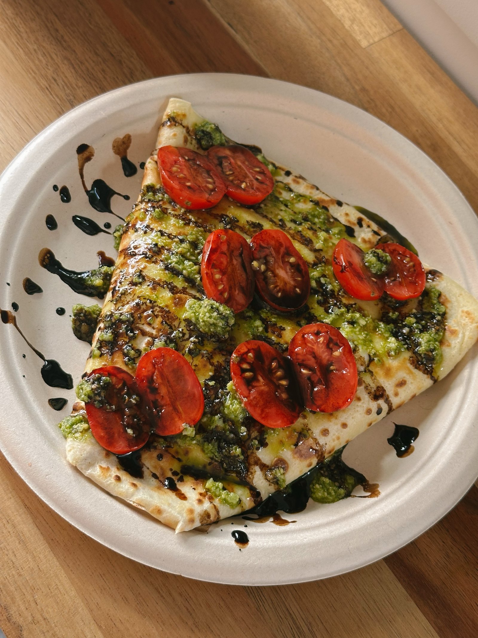 Caprese Crêpe is always a good choice! 🍅🌿 Mozzarella, cherry tomatoes, basil pesto, extra virgin olive oil, balsamic glaze, and some basil make this crêpe 10/10! Follow us or check our website for where to find us next