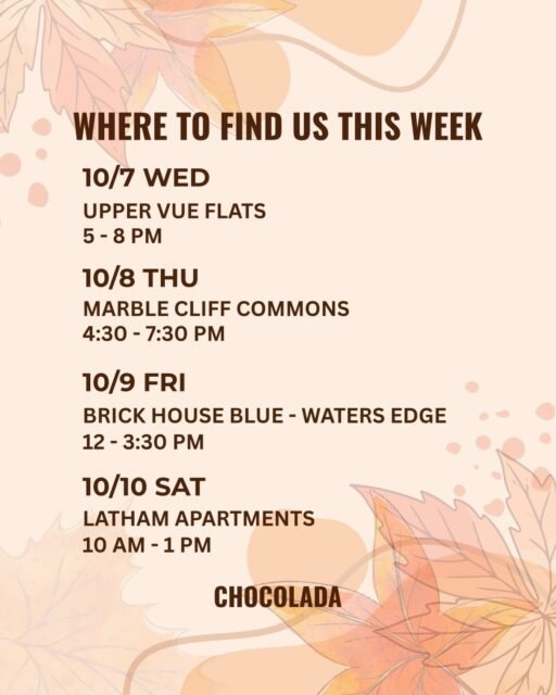 Here is our schedule for this week. We serve fresh sweet and savory crêpes. Don’t forget to try some of the seasonal specials (pumpkin spice, apple caramel, yum!) 🍎🍁🎃🍂